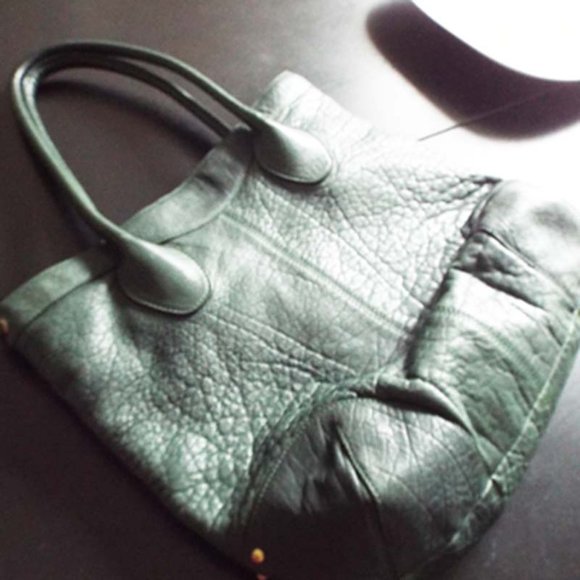 THE SAK PINK LABEL MOSS GREEN THICK LUXURY LEATHER BUCKET POUCH HOBO HANDBAG - Picture 5 of 8